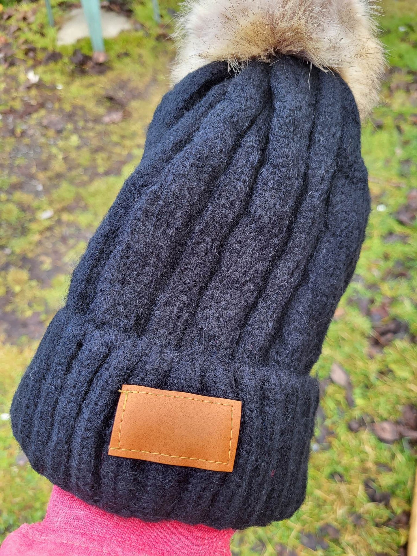 Hats - Knitted Winter Pom Pom Toques with Patch