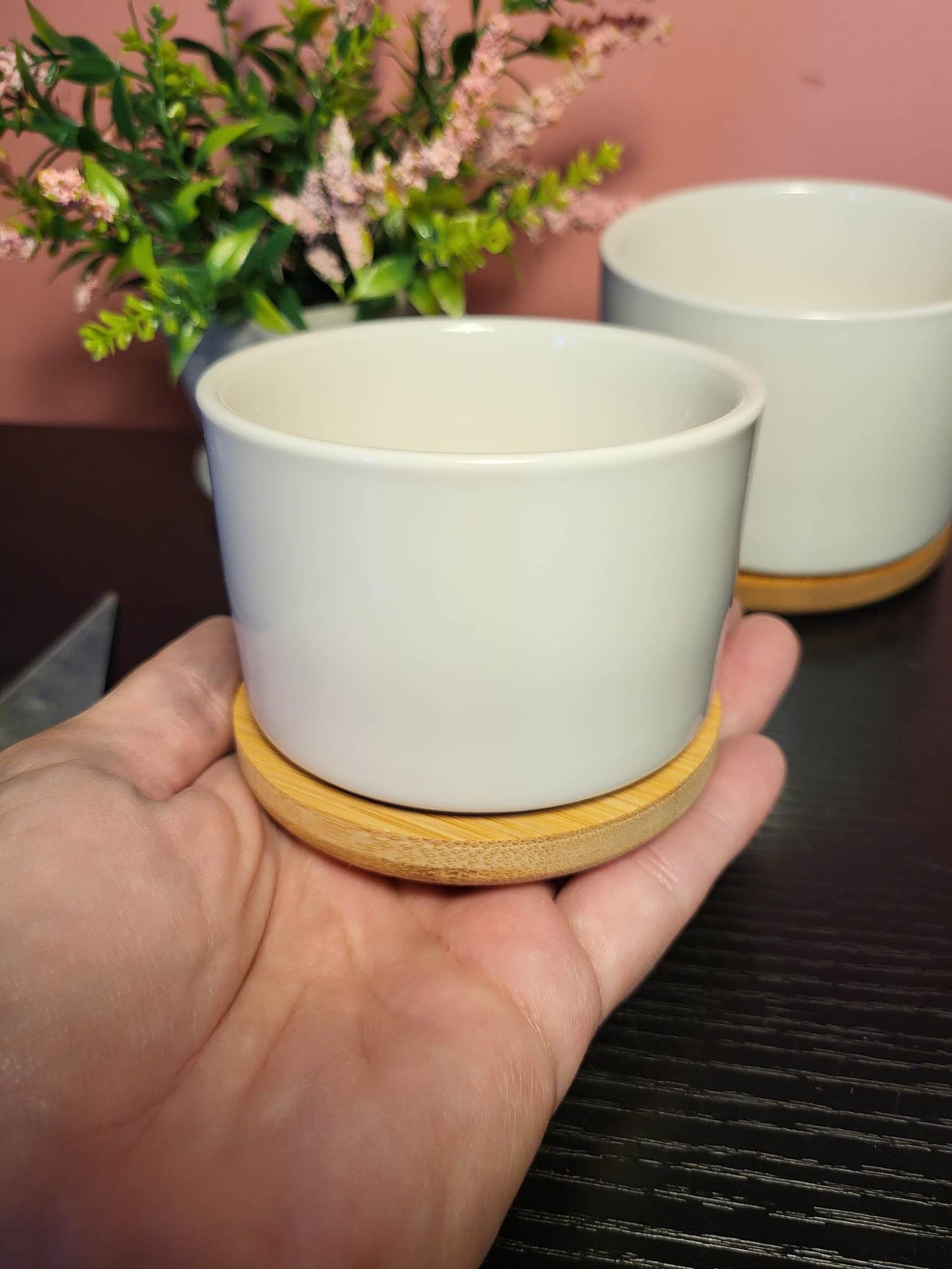 Flower Pots with Bamboo Trays - Ceramic - NON SUBLIMATION