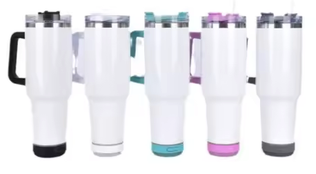 40oz Stanley-Style Speaker Tumblers - White w/ Coloured Handles - PRESALE