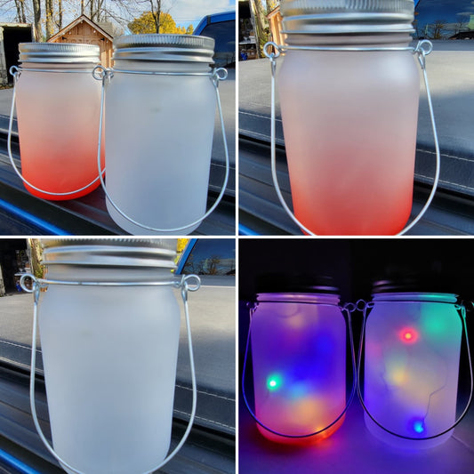 Mason Jars -Solar Lighted Sublimation - Frosted Gradient Red & Frosted White