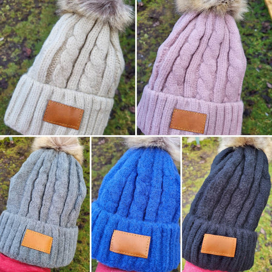 Hats - Knitted Winter Pom Pom Toques with Patch