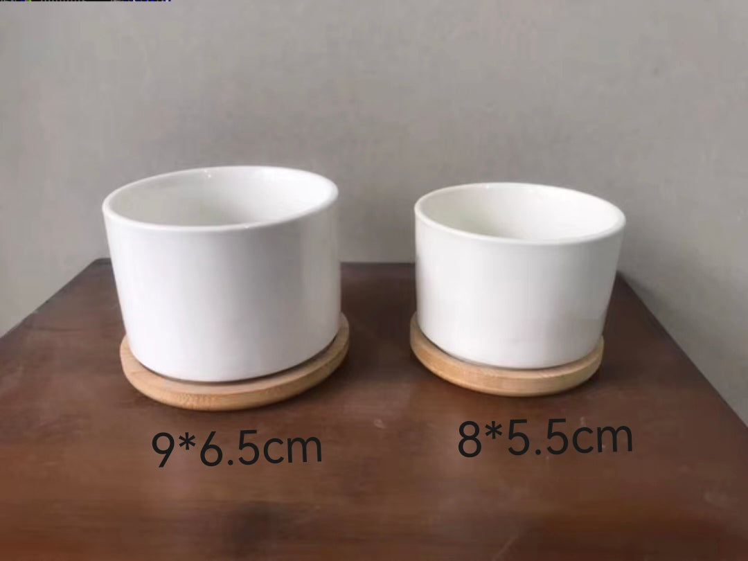 Flower Pots with Bamboo Trays - Ceramic - NON SUBLIMATION